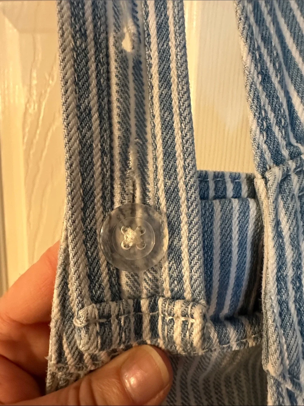 Old Navy Girls’ Blue and White Railroad Striped Raw Hem Short Overalls